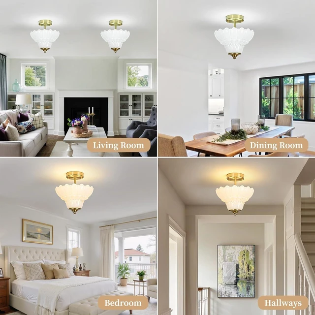 Alt view image 4 of 7 - Vintage Gold Semi Flush Mount Light with Floral White Shade, Close-to-Ceiling Fixture for Bedroom,Living Room, Kitchen, Hallway