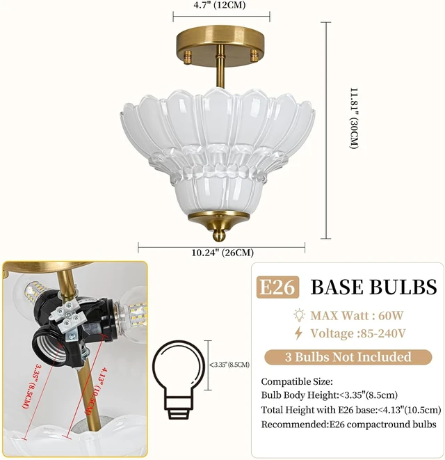 Alt view image 5 of 7 - Vintage Gold Semi Flush Mount Light with Floral White Shade, Close-to-Ceiling Fixture for Bedroom,Living Room, Kitchen, Hallway