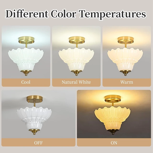 Alt view image 7 of 7 - Vintage Gold Semi Flush Mount Light with Floral White Shade, Close-to-Ceiling Fixture for Bedroom,Living Room, Kitchen, Hallway