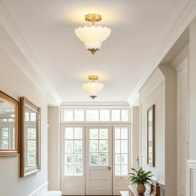 Alt view image 6 of 7 - Vintage Gold Semi Flush Mount Light with Floral White Shade, Close-to-Ceiling Fixture for Bedroom,Living Room, Kitchen, Hallway