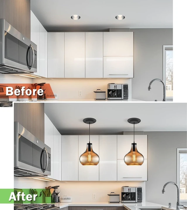 Alt view image 5 of 7 - 5" and 6" Recessed Can Light Conversion Kit, Light Fixture Upgrade, Pendant Light, Fan Compatible, Equipped with 7¾ Inch Decorative Plastic Medallion, Black Finish