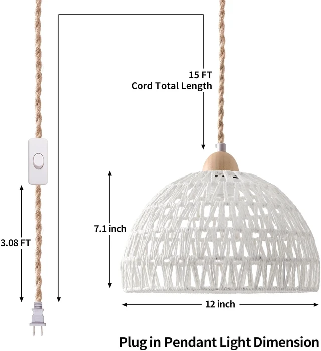Alt view image 2 of 7 - Plug in Pendant Light, Hanging Lamp with Plug in Cord, Hand Woven Rattan Lamp Shade, 15FT Hemp Rope Pendant Lamp Cord with On/Off Switch, Boho Hanging Lights Fixture for Living Room Bedroom