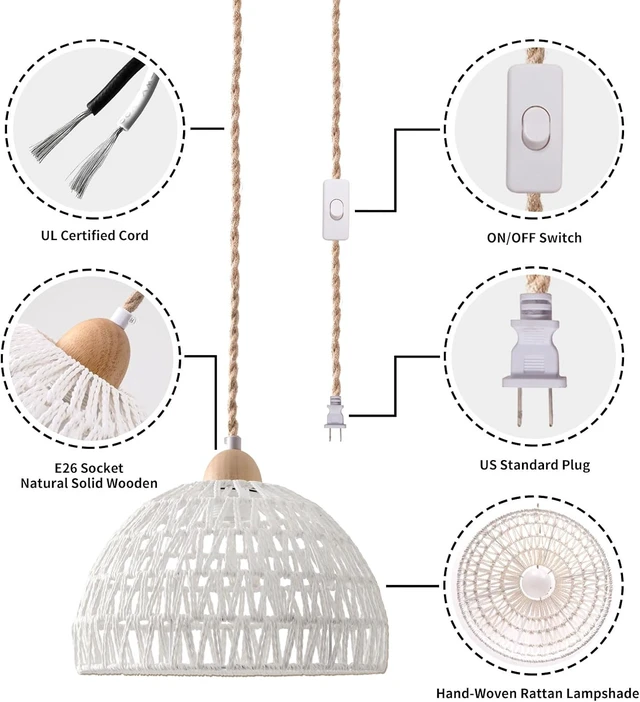 Alt view image 3 of 7 - Plug in Pendant Light, Hanging Lamp with Plug in Cord, Hand Woven Rattan Lamp Shade, 15FT Hemp Rope Pendant Lamp Cord with On/Off Switch, Boho Hanging Lights Fixture for Living Room Bedroom