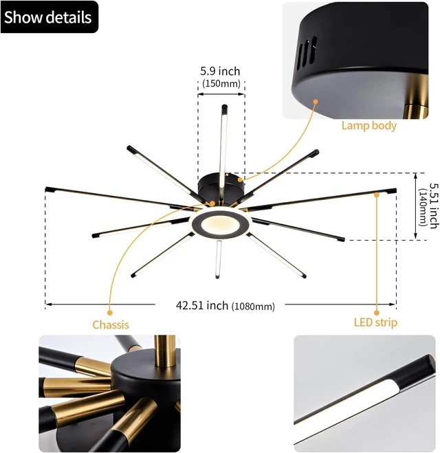 Alt view image 3 of 6 - Modern LED Ceiling Light Recessed Mount Fixture Ceiling Mount Modern Dining Room Fixture 10 Head, 4000K Warm White Light for Living Room Bedroom Kitchen Island Hall Black Gold (D=42.5")