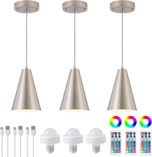 Main image of Dijiahua Brushed Nickel Battery Operated Pendant Lights Kitchen Island 3 Pack with Remote Control,Modern Wireless Rechargeable RGB Color Temperatures Hanging Lamp Fixtures with Silver Metal Shade