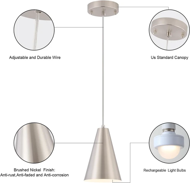 Alt view image 4 of 7 - Dijiahua Brushed Nickel Battery Operated Pendant Lights Kitchen Island 3 Pack with Remote Control,Modern Wireless Rechargeable RGB Color Temperatures Hanging Lamp Fixtures with Silver Metal Shade