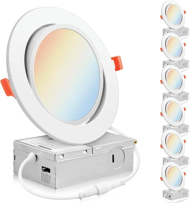 Main image of PARMIDA (6 Pack) 6 Inch 5CCT Ultra-Thin LED Adjustable Gimbal Recessed Lighting with J-Box, 2700K/3000K/3500K/4000K/5000K 5 Color Selectable, 12W, Eyeball Canless Slim Panel Lights, Dimmable, IC, ETL