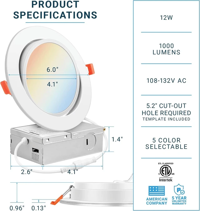 Alt view image 2 of 7 - PARMIDA (6 Pack) 6 Inch 5CCT Ultra-Thin LED Adjustable Gimbal Recessed Lighting with J-Box, 2700K/3000K/3500K/4000K/5000K 5 Color Selectable, 12W, Eyeball Canless Slim Panel Lights, Dimmable, IC, ETL