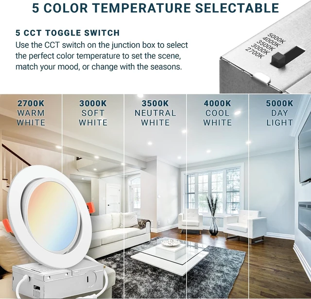 Alt view image 3 of 7 - PARMIDA (6 Pack) 6 Inch 5CCT Ultra-Thin LED Adjustable Gimbal Recessed Lighting with J-Box, 2700K/3000K/3500K/4000K/5000K 5 Color Selectable, 12W, Eyeball Canless Slim Panel Lights, Dimmable, IC, ETL