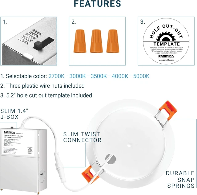 Alt view image 5 of 7 - PARMIDA (6 Pack) 6 Inch 5CCT Ultra-Thin LED Adjustable Gimbal Recessed Lighting with J-Box, 2700K/3000K/3500K/4000K/5000K 5 Color Selectable, 12W, Eyeball Canless Slim Panel Lights, Dimmable, IC, ETL