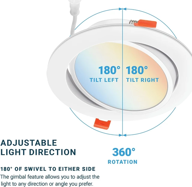 Alt view image 4 of 7 - PARMIDA (6 Pack) 6 Inch 5CCT Ultra-Thin LED Adjustable Gimbal Recessed Lighting with J-Box, 2700K/3000K/3500K/4000K/5000K 5 Color Selectable, 12W, Eyeball Canless Slim Panel Lights, Dimmable, IC, ETL