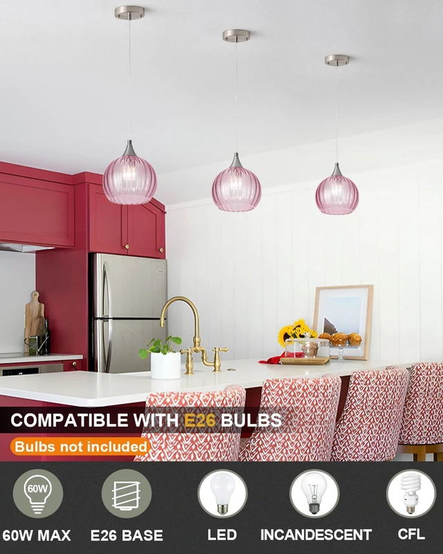 Alt view image 2 of 6 - Brushed Nickel Pendant Lights Kitchen Island, Globe Pendant Light Fixtures with 8 Inch Clear Glass Shade, Modern Hanging Light Fixtures for Kitchen, Bedroom (1 Pack - Pink Glass Pendant Light)