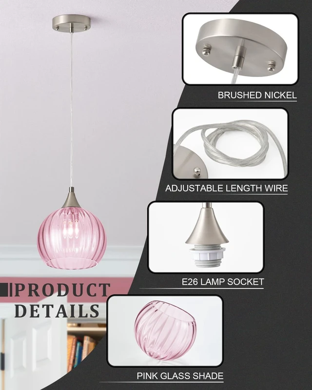 Alt view image 3 of 6 - Brushed Nickel Pendant Lights Kitchen Island, Globe Pendant Light Fixtures with 8 Inch Clear Glass Shade, Modern Hanging Light Fixtures for Kitchen, Bedroom (1 Pack - Pink Glass Pendant Light)