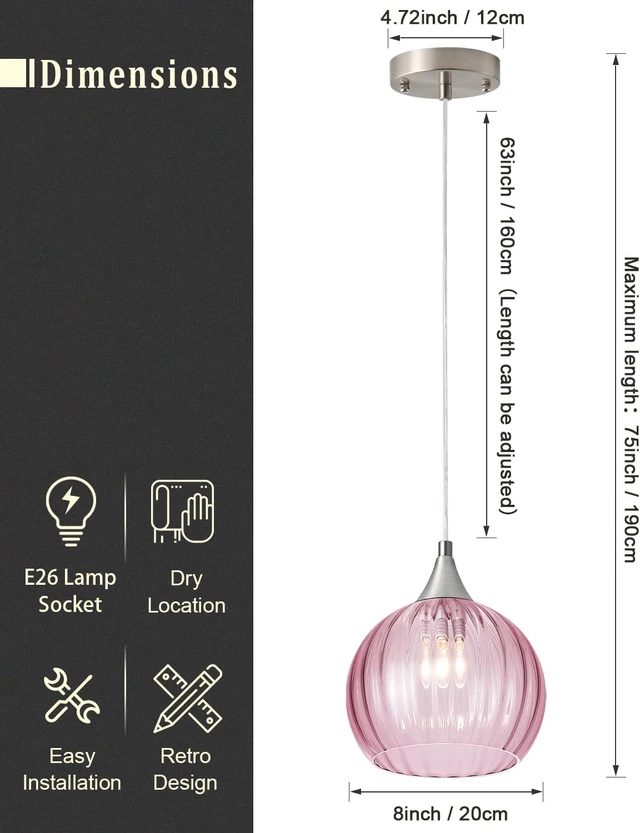 Alt view image 4 of 6 - Brushed Nickel Pendant Lights Kitchen Island, Globe Pendant Light Fixtures with 8 Inch Clear Glass Shade, Modern Hanging Light Fixtures for Kitchen, Bedroom (1 Pack - Pink Glass Pendant Light)