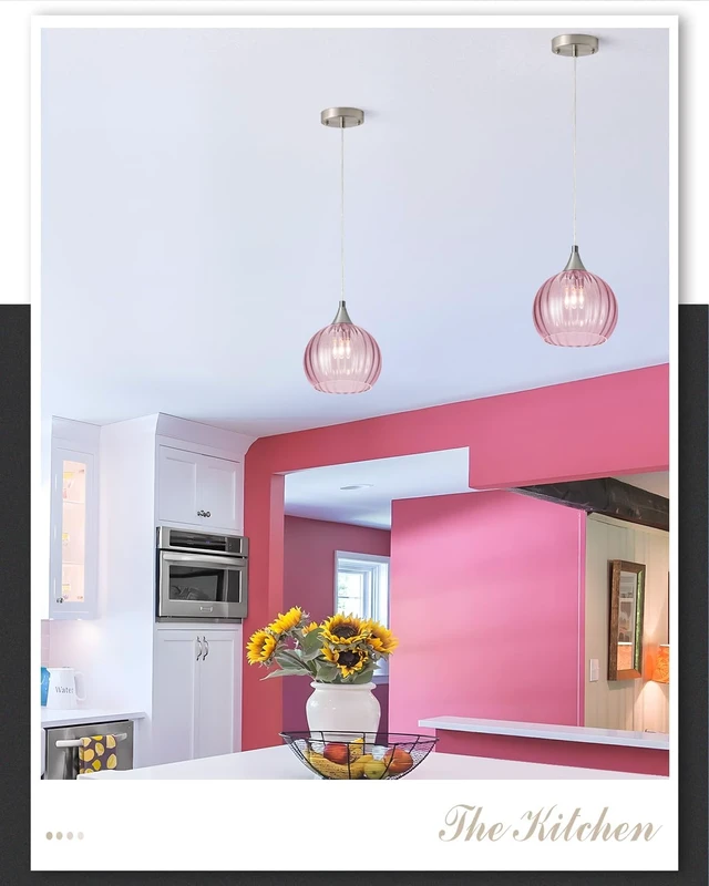 Alt view image 6 of 6 - Brushed Nickel Pendant Lights Kitchen Island, Globe Pendant Light Fixtures with 8 Inch Clear Glass Shade, Modern Hanging Light Fixtures for Kitchen, Bedroom (1 Pack - Pink Glass Pendant Light)