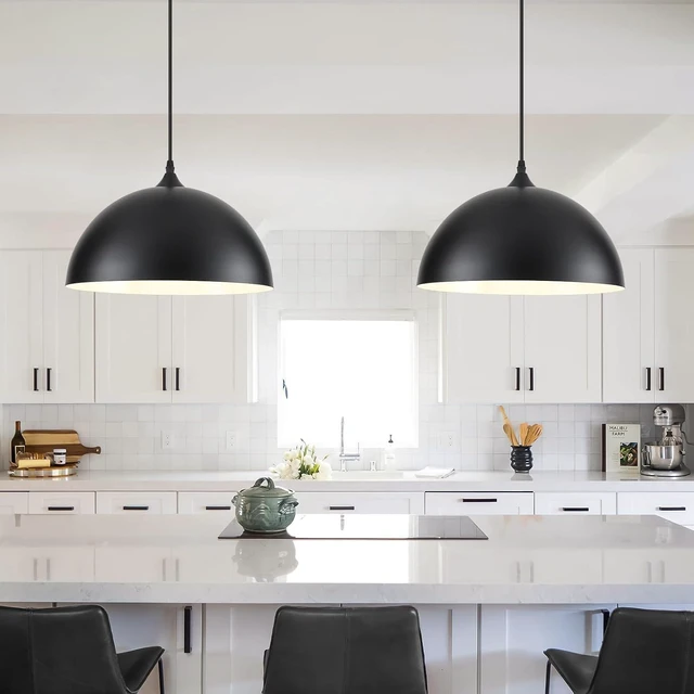 Main image of 14 Inch Black and White Dome Pendant Light, Black Pendant Lights Kitchen Island 2 Pack, Large Dome Island Pendant Lights, Black Farmhouse Pendant Light for Kitchen Island, Dining Room, Cafe