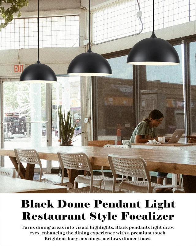 Alt view image 2 of 7 - 14 Inch Black and White Dome Pendant Light, Black Pendant Lights Kitchen Island 2 Pack, Large Dome Island Pendant Lights, Black Farmhouse Pendant Light for Kitchen Island, Dining Room, Cafe