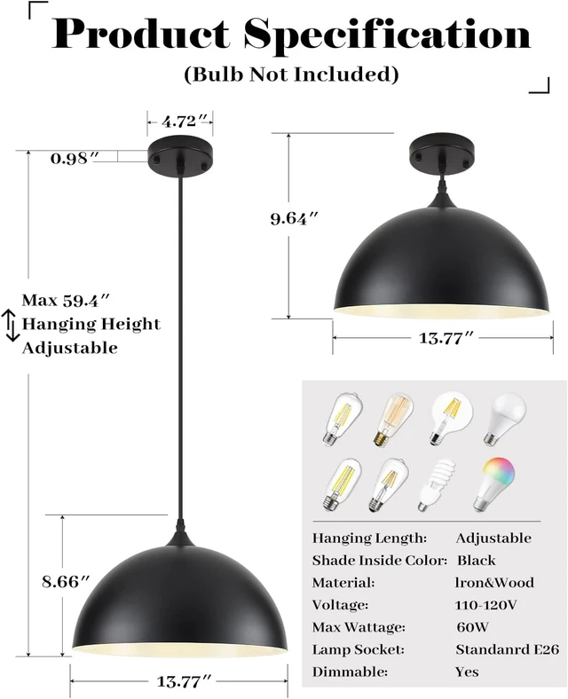 Alt view image 3 of 7 - 14 Inch Black and White Dome Pendant Light, Black Pendant Lights Kitchen Island 2 Pack, Large Dome Island Pendant Lights, Black Farmhouse Pendant Light for Kitchen Island, Dining Room, Cafe