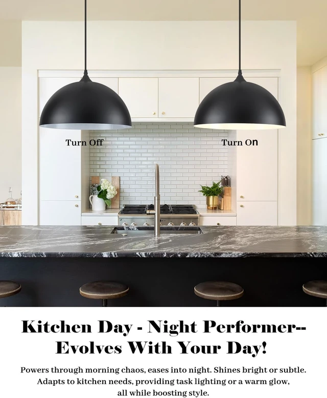 Alt view image 5 of 7 - 14 Inch Black and White Dome Pendant Light, Black Pendant Lights Kitchen Island 2 Pack, Large Dome Island Pendant Lights, Black Farmhouse Pendant Light for Kitchen Island, Dining Room, Cafe