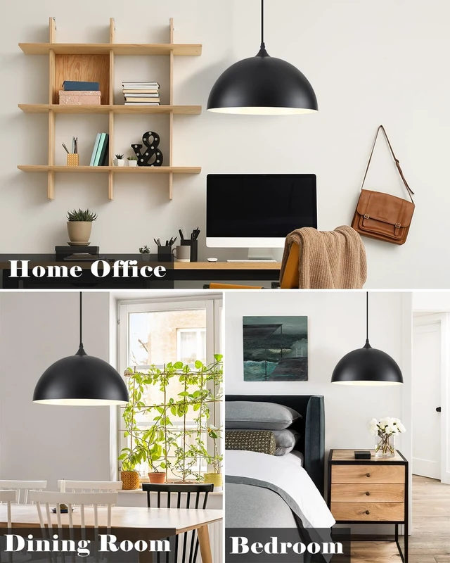 Alt view image 7 of 7 - 14 Inch Black and White Dome Pendant Light, Black Pendant Lights Kitchen Island 2 Pack, Large Dome Island Pendant Lights, Black Farmhouse Pendant Light for Kitchen Island, Dining Room, Cafe