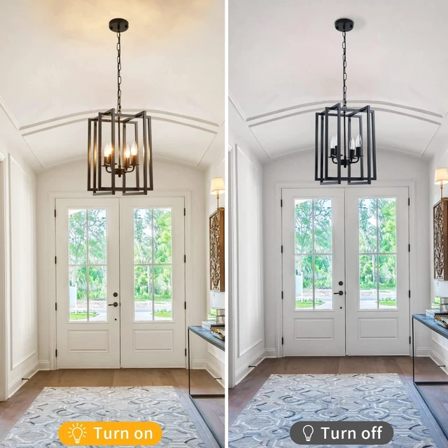 Alt view image 2 of 7 - Farmhouse Lantern Chandelier Light Fixture Black, 4-Light Rustic Industrial Pendant Lighting, Adjustable Height Modern Square Cage Hanging Lights for Hallway Kitchen Island Living Room Bedroom