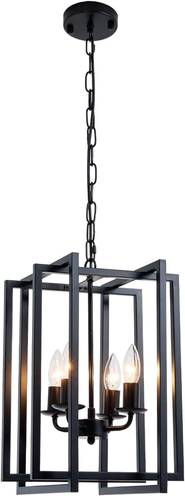Main image of Farmhouse Lantern Chandelier Light Fixture Black, 4-Light Rustic Industrial Pendant Lighting, Adjustable Height Modern Square Cage Hanging Lights for Hallway Kitchen Island Living Room Bedroom