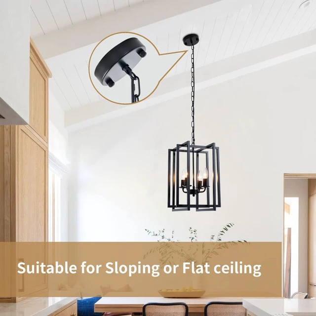 Alt view image 3 of 7 - Farmhouse Lantern Chandelier Light Fixture Black, 4-Light Rustic Industrial Pendant Lighting, Adjustable Height Modern Square Cage Hanging Lights for Hallway Kitchen Island Living Room Bedroom