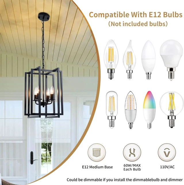 Alt view image 4 of 7 - Farmhouse Lantern Chandelier Light Fixture Black, 4-Light Rustic Industrial Pendant Lighting, Adjustable Height Modern Square Cage Hanging Lights for Hallway Kitchen Island Living Room Bedroom