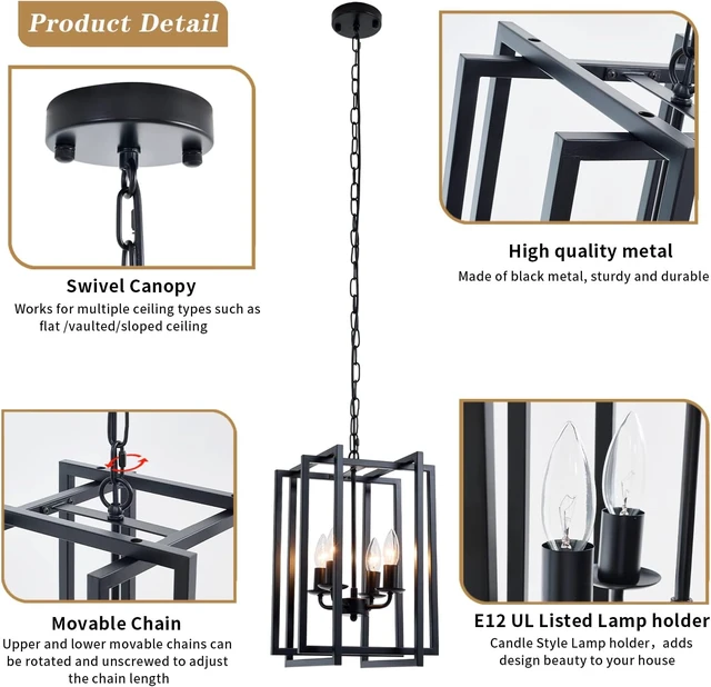Alt view image 5 of 7 - Farmhouse Lantern Chandelier Light Fixture Black, 4-Light Rustic Industrial Pendant Lighting, Adjustable Height Modern Square Cage Hanging Lights for Hallway Kitchen Island Living Room Bedroom