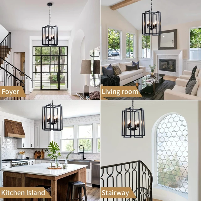 Alt view image 7 of 7 - Farmhouse Lantern Chandelier Light Fixture Black, 4-Light Rustic Industrial Pendant Lighting, Adjustable Height Modern Square Cage Hanging Lights for Hallway Kitchen Island Living Room Bedroom