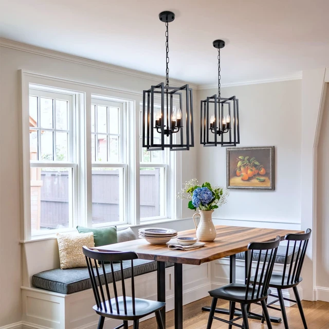 Alt view image 6 of 7 - Farmhouse Lantern Chandelier Light Fixture Black, 4-Light Rustic Industrial Pendant Lighting, Adjustable Height Modern Square Cage Hanging Lights for Hallway Kitchen Island Living Room Bedroom