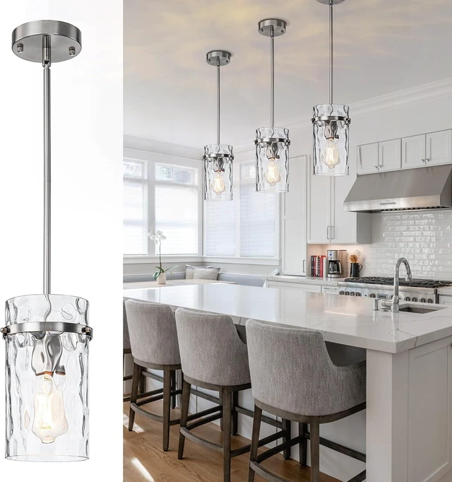 Main image of Modern Brush Nickel Hammered Glass Pendant Lights for Kitchen Dining Room