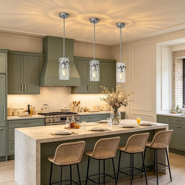 Alt view image 3 of 7 - Modern Brush Nickel Hammered Glass Pendant Lights for Kitchen Dining Room