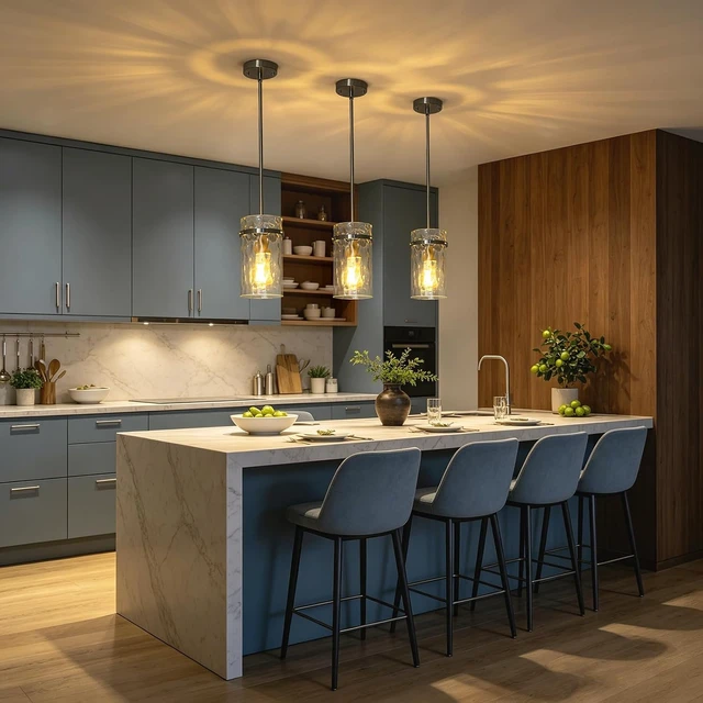 Alt view image 5 of 7 - Modern Brush Nickel Hammered Glass Pendant Lights for Kitchen Dining Room