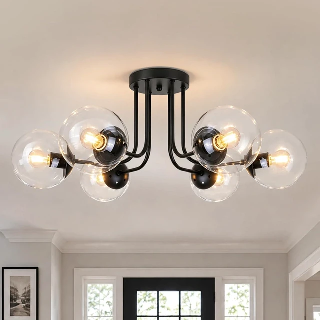 Main image of KoKo&Yukina 6-Light Modern Semi Flush Mount Ceiling Light Fixture Mid Century Ceiling Light Globe Ceiling Light with Clear Glass Shade Matte Black Finish for Bedroom Hallway Dining Room Living Room