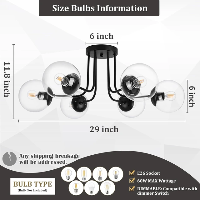 Alt view image 4 of 7 - KoKo&Yukina 6-Light Modern Semi Flush Mount Ceiling Light Fixture Mid Century Ceiling Light Globe Ceiling Light with Clear Glass Shade Matte Black Finish for Bedroom Hallway Dining Room Living Room
