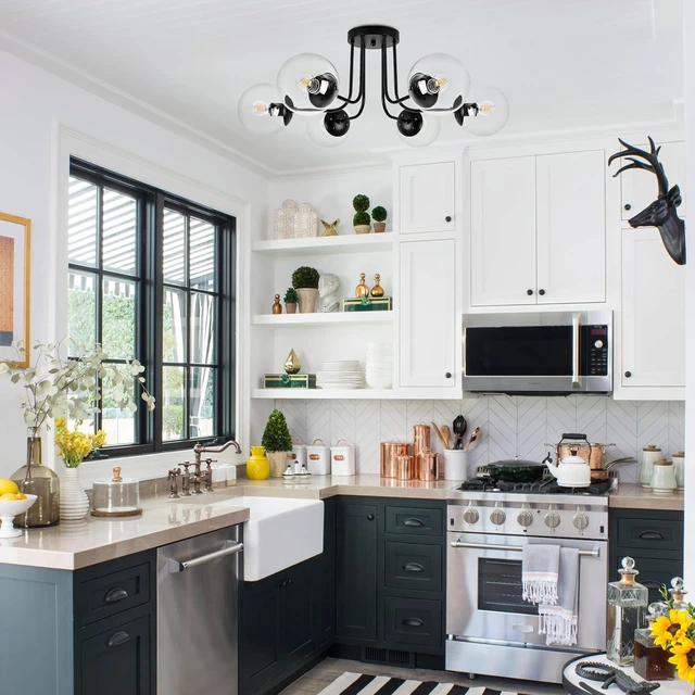 Alt view image 3 of 7 - KoKo&Yukina 6-Light Modern Semi Flush Mount Ceiling Light Fixture Mid Century Ceiling Light Globe Ceiling Light with Clear Glass Shade Matte Black Finish for Bedroom Hallway Dining Room Living Room