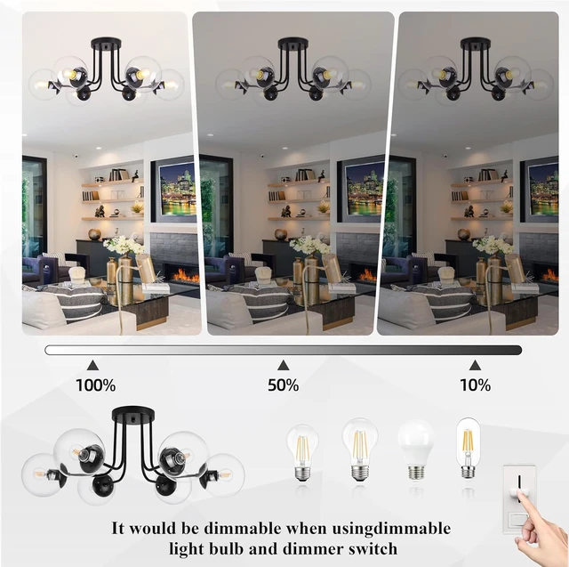 Alt view image 5 of 7 - KoKo&Yukina 6-Light Modern Semi Flush Mount Ceiling Light Fixture Mid Century Ceiling Light Globe Ceiling Light with Clear Glass Shade Matte Black Finish for Bedroom Hallway Dining Room Living Room