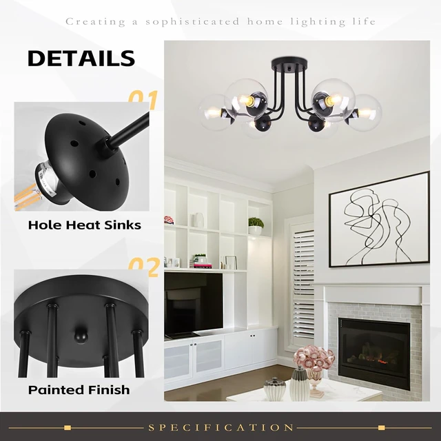 Alt view image 6 of 7 - KoKo&Yukina 6-Light Modern Semi Flush Mount Ceiling Light Fixture Mid Century Ceiling Light Globe Ceiling Light with Clear Glass Shade Matte Black Finish for Bedroom Hallway Dining Room Living Room