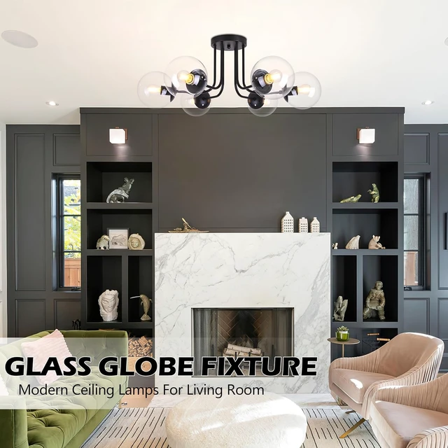 Alt view image 7 of 7 - KoKo&Yukina 6-Light Modern Semi Flush Mount Ceiling Light Fixture Mid Century Ceiling Light Globe Ceiling Light with Clear Glass Shade Matte Black Finish for Bedroom Hallway Dining Room Living Room