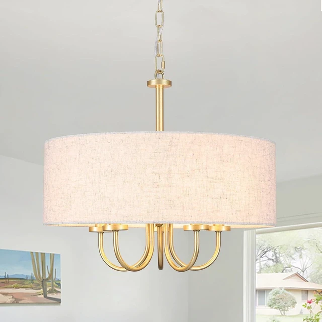 Main image of 5 Lights Drum Chandelier Gold Farmhouse Chandelier with Shades 19" Large Pendant Light Fixtures Hanging Brass Round Chandeliers for Bedroom Dining Room Over Table Living Room Foyer Kitchen Island