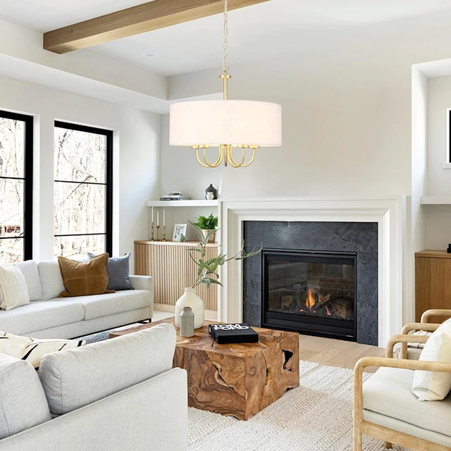 Alt view image 2 of 7 - 5 Lights Drum Chandelier Gold Farmhouse Chandelier with Shades 19" Large Pendant Light Fixtures Hanging Brass Round Chandeliers for Bedroom Dining Room Over Table Living Room Foyer Kitchen Island
