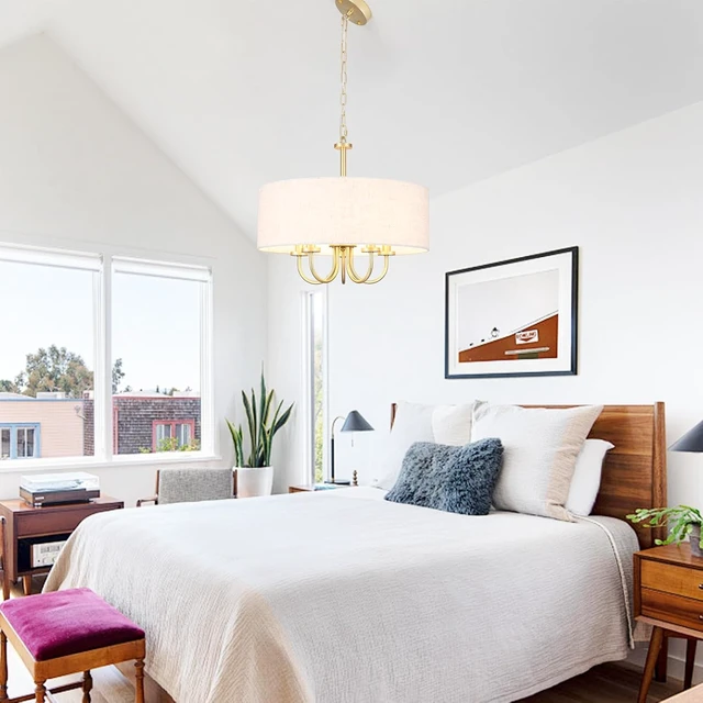 Alt view image 3 of 7 - 5 Lights Drum Chandelier Gold Farmhouse Chandelier with Shades 19" Large Pendant Light Fixtures Hanging Brass Round Chandeliers for Bedroom Dining Room Over Table Living Room Foyer Kitchen Island