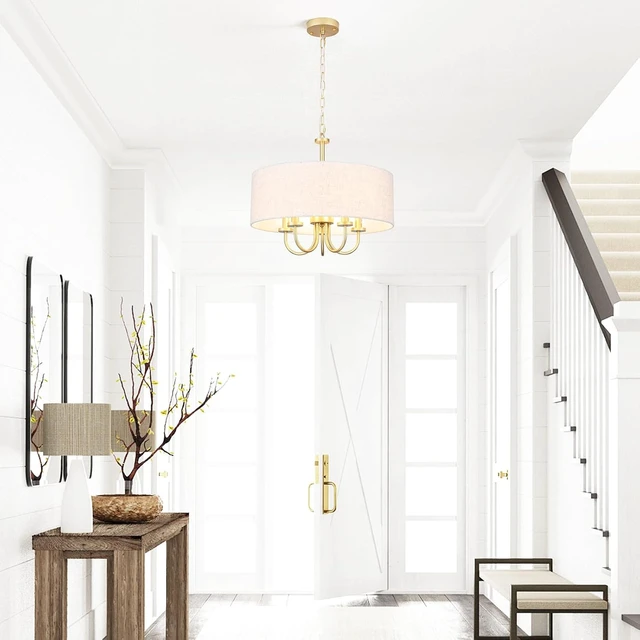 Alt view image 4 of 7 - 5 Lights Drum Chandelier Gold Farmhouse Chandelier with Shades 19" Large Pendant Light Fixtures Hanging Brass Round Chandeliers for Bedroom Dining Room Over Table Living Room Foyer Kitchen Island