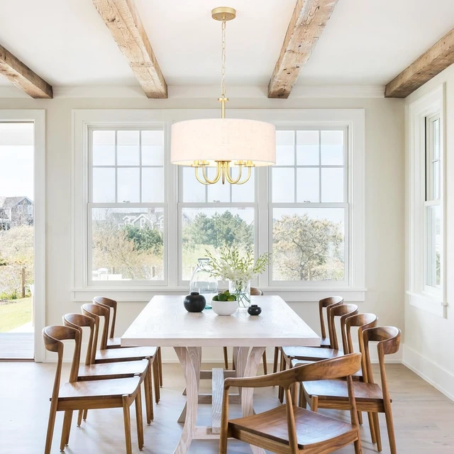 Alt view image 5 of 7 - 5 Lights Drum Chandelier Gold Farmhouse Chandelier with Shades 19" Large Pendant Light Fixtures Hanging Brass Round Chandeliers for Bedroom Dining Room Over Table Living Room Foyer Kitchen Island