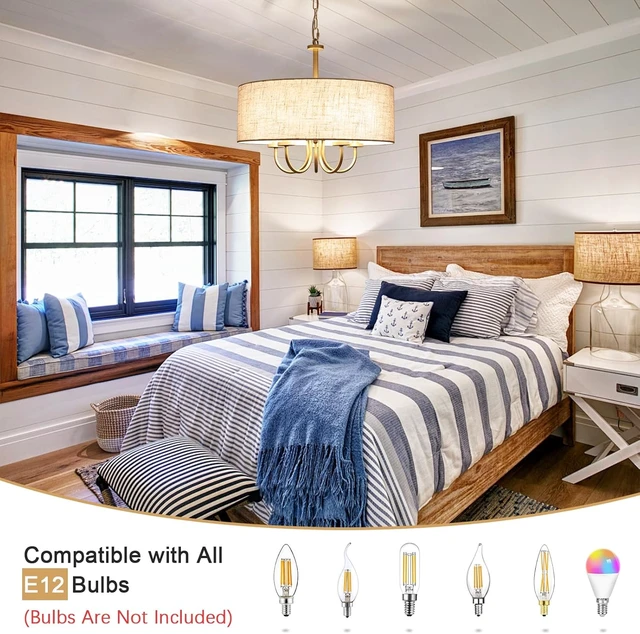 Alt view image 6 of 7 - 5 Lights Drum Chandelier Gold Farmhouse Chandelier with Shades 19" Large Pendant Light Fixtures Hanging Brass Round Chandeliers for Bedroom Dining Room Over Table Living Room Foyer Kitchen Island