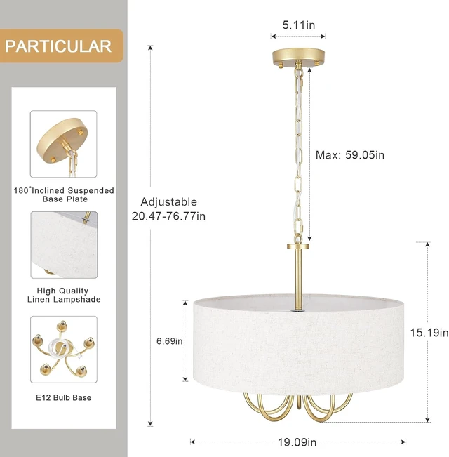 Alt view image 7 of 7 - 5 Lights Drum Chandelier Gold Farmhouse Chandelier with Shades 19" Large Pendant Light Fixtures Hanging Brass Round Chandeliers for Bedroom Dining Room Over Table Living Room Foyer Kitchen Island