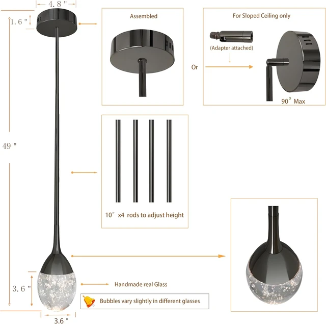 Alt view image 2 of 7 - Teardrop Crystal Pendant Light, Black Hanging Ceiling Lighting Fixtures, Modern LED Bubble Kitchen Bar Lights Dimmable with Adjustable Metal Rods for Bathroom Dining Room