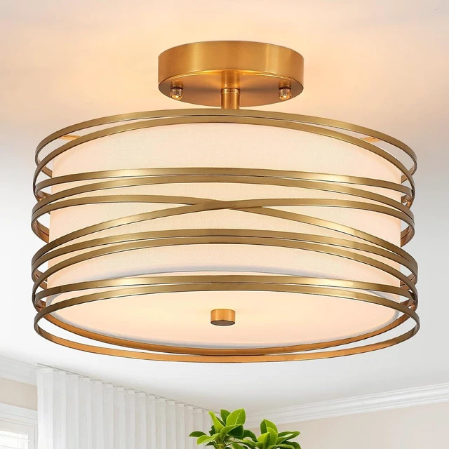 Main image of 12.2" Gold Semi Flush Mount Ceiling Light, Linen 2-Light Fixture