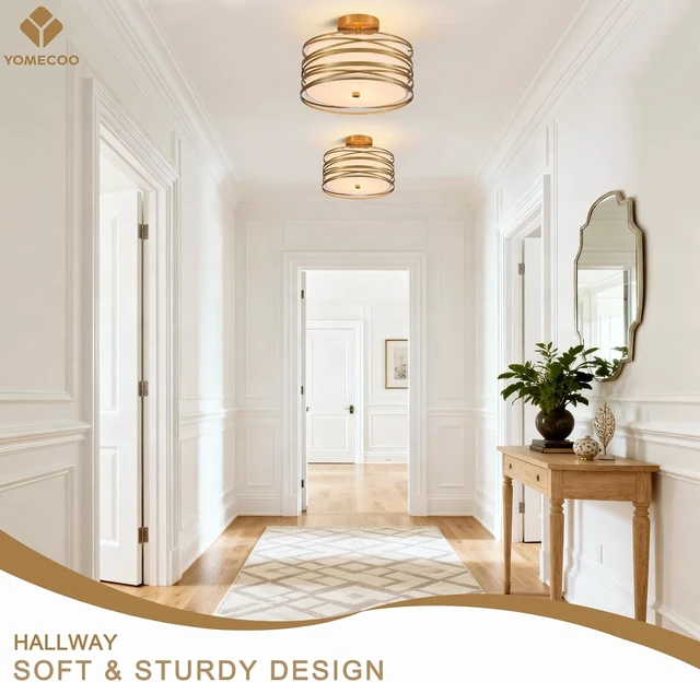 Alt view image 2 of 7 - 12.2" Gold Semi Flush Mount Ceiling Light, Linen 2-Light Fixture